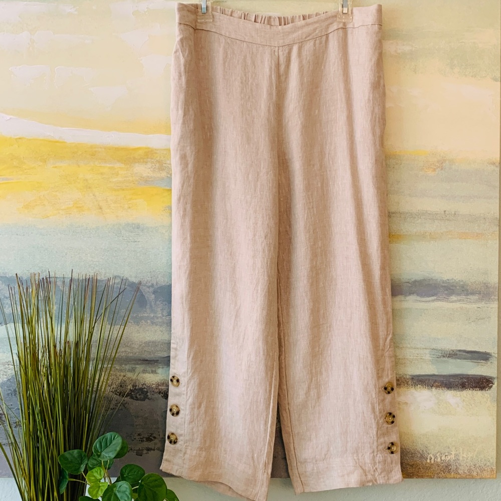 CHICO’S Linen Button Hem Crop Wide Leg Pull On Pants Sz 0.5 (US 6-8)
